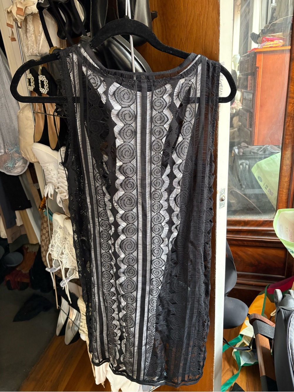 Black Lace Midi Dress - Sheer Panel Slip-Over
